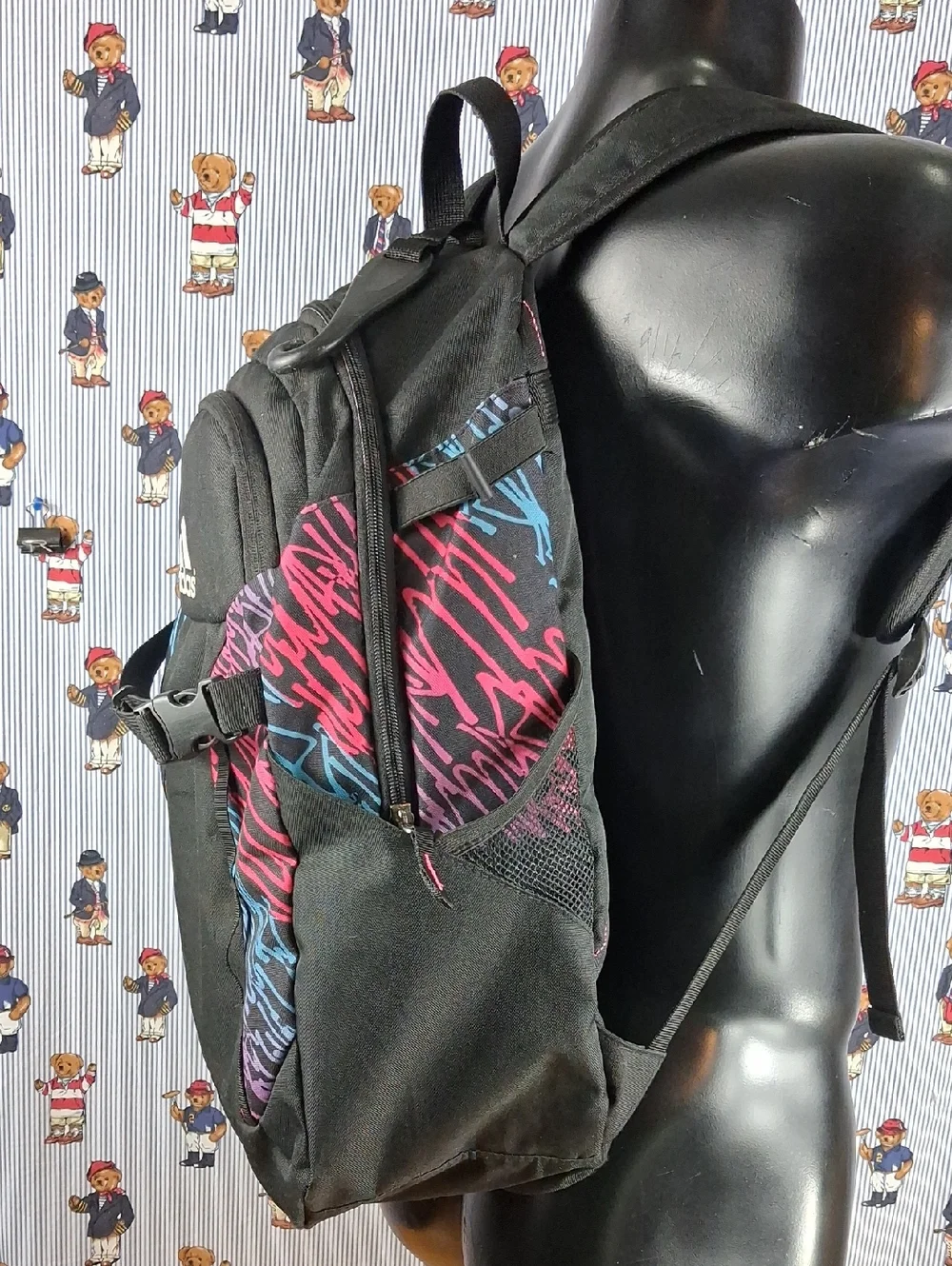 Women's Adidas Logo Multipocket School Campus Black & Neon Backpack Book Bag - Picture 3 of 7